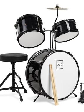 Kids Black Junior Drum Set with Stool and Sticks